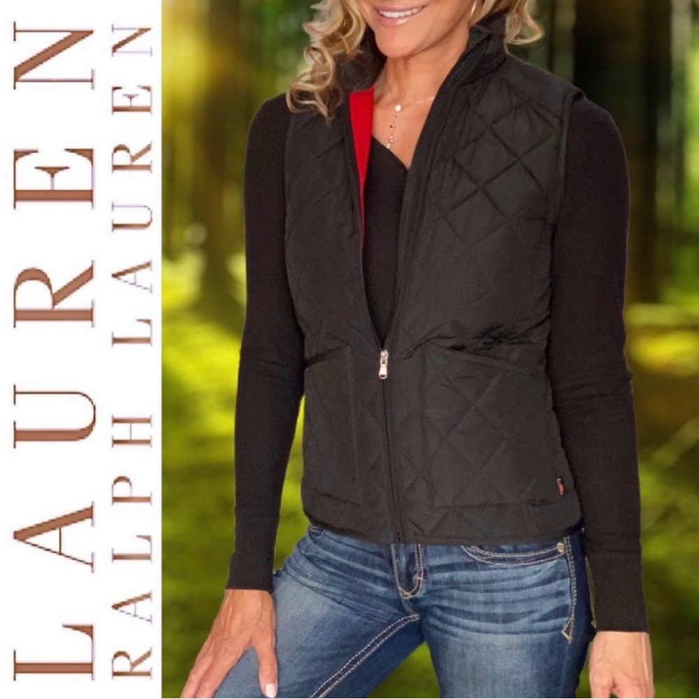 Lauren Ralph Lauren Quilted Full Zip Vest Black with a Red Interior S RN#41381